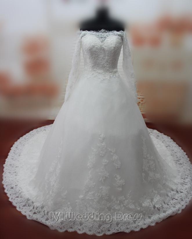 زفاف - Real Photos Full Sleeves Lace Wedding Dresses Bateau Wedding Gowns Zipper wth Covered Buttons Closure Bridal Gowns Long Train Bridal Dress