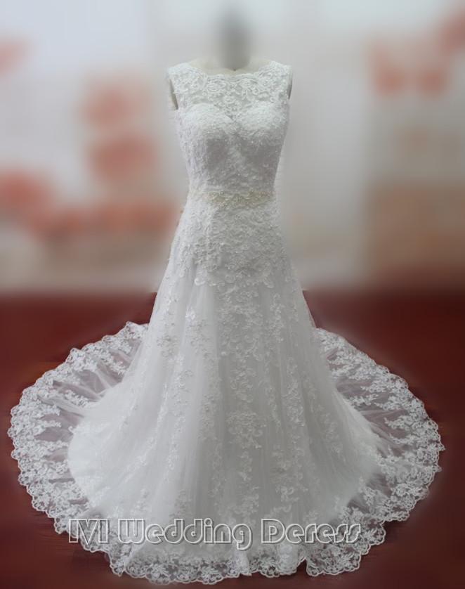 Hochzeit - Real Pictures Empire Lace Wedding Dresses Lace-up Wedding Gowns Jewel Neckline Bridal Gowns Plus Size Bridal Dress