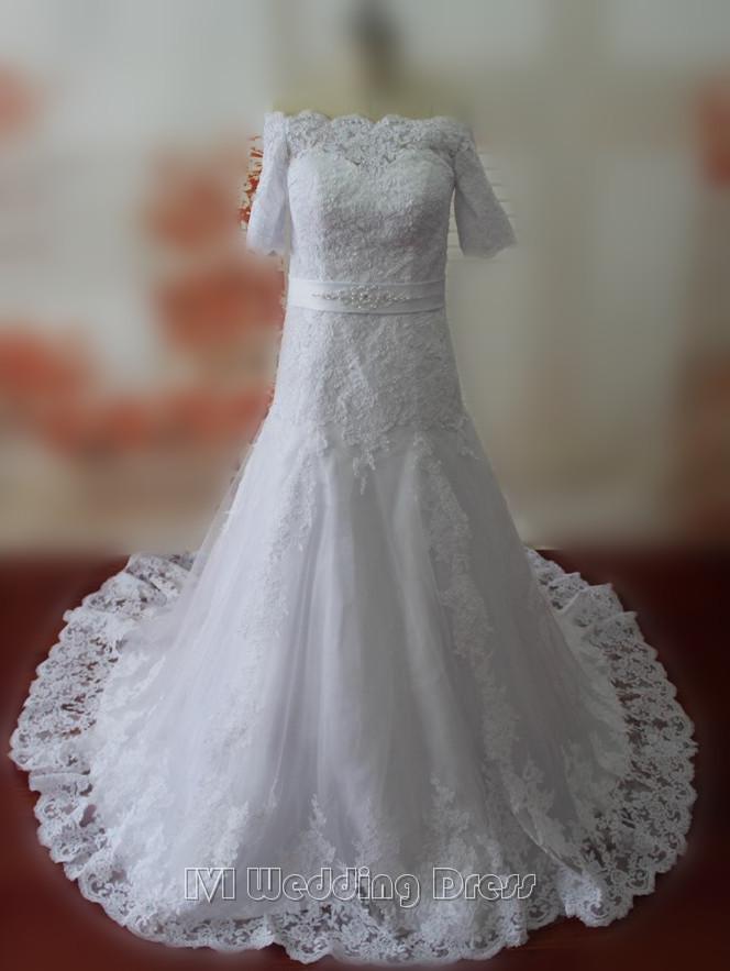 زفاف - Half Sleeves Wedding Dresses Bateau Wedding Gowns Plus Size Bridal Gowns with Lace Appliques Bridal Dress with Sash Ribbon