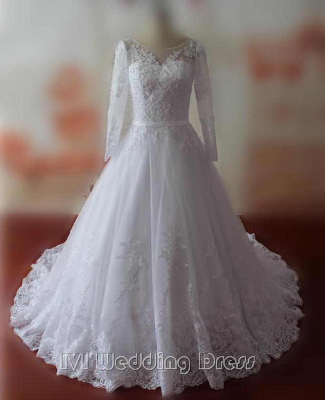زفاف - Gorgeous Full Sleeves Wedding Dresses with Lace LongTrain Scoop Neckline Wedding Gowns with Sash Backless Bridal Gowns Chic Bridal Dress