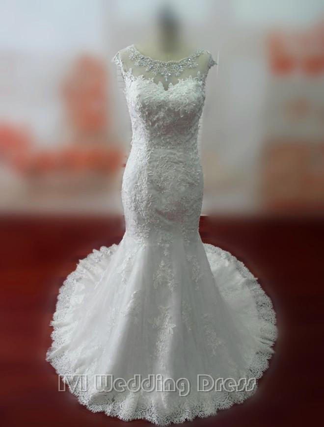 Wedding - Real Samples Beaded Scoop Neckline Mermaid Lace Wedding Dress Bridal Gown Vestido De Noiva