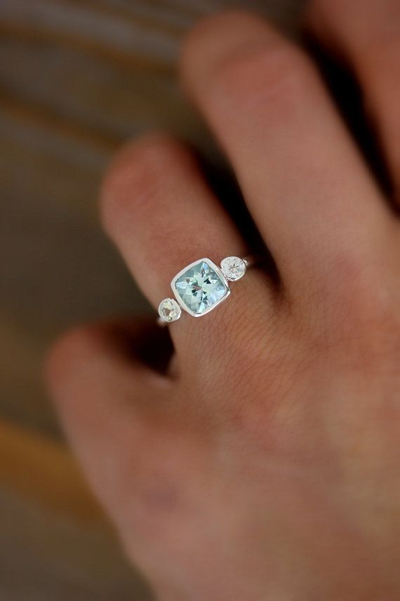 Свадьба - Aquamarine And White Sapphire Cushion Cut Gemstone Ring In Recycled And Tarnish Resistant Sterling Silver