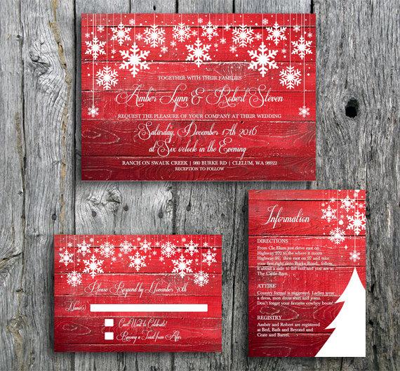 Свадьба - Winter Wedding Invitation Suite with Snowflakes on Red Barn Wood - Printable Wedding Invitation, RSVP and Guest Information Card