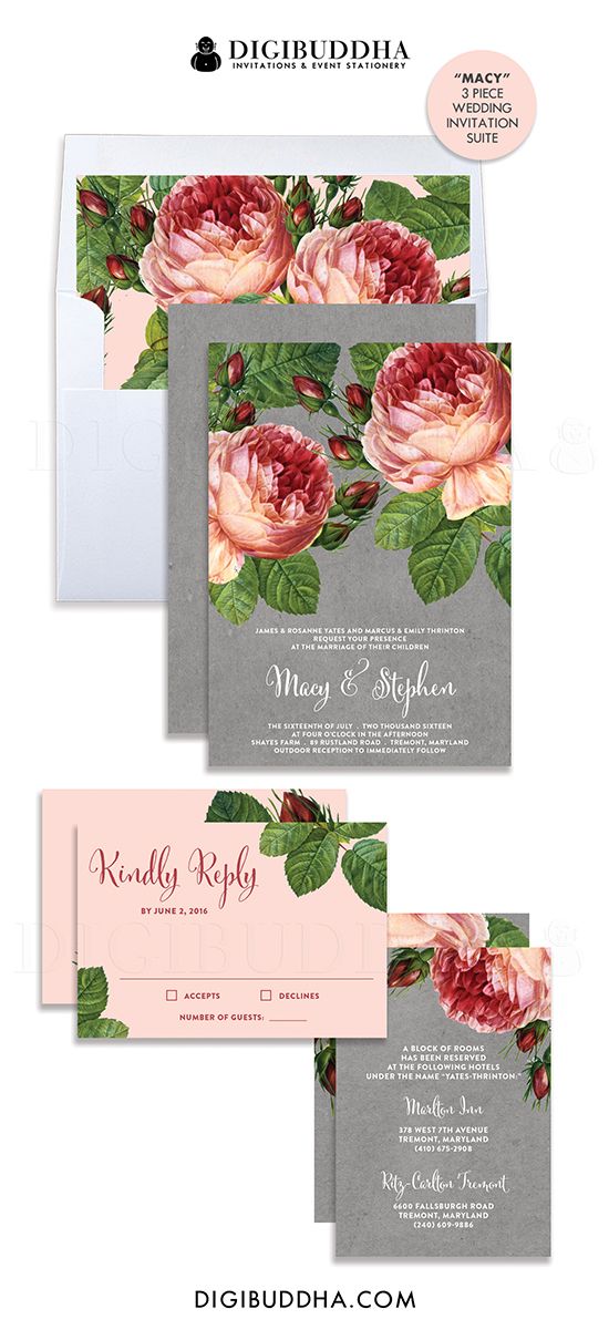 زفاف - PINK CABBAGE ROSE Wedding Invitations 3 Pc Suite RSvP Info Card Blush   Gray Vintage Botanical Boho Free Shipping Or DiY Printable- Macy