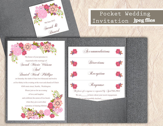 Hochzeit - Printable Pocket Wedding Invitation Suite Printable Invitation Floral Invitation Pink Invitation Download Invitation Edited jpeg file
