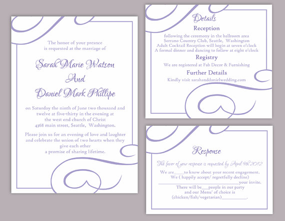 Hochzeit - DIY Wedding Invitation Template Set Editable Word File Instant Download Printable Invitation Purple Wedding Invitation Lavender Wedding