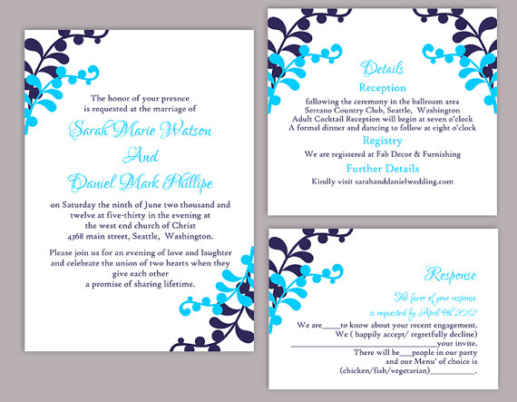 Hochzeit - DIY Wedding Invitation Template Set Editable Word File Instant Download Printable Leaf Wedding Invitation Aqua Navy Blue Invitation