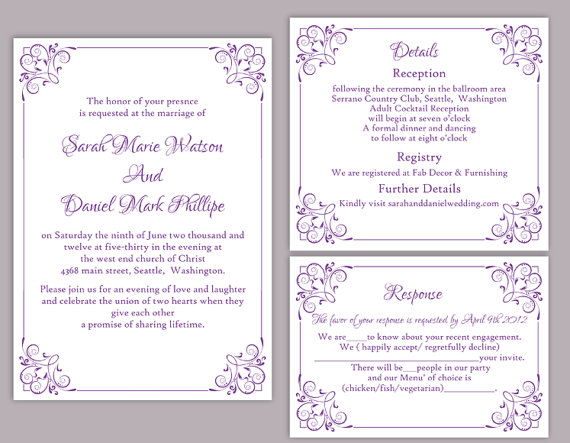Свадьба - DIY Wedding Invitation Template Set Editable Word File Instant Download Printable Floral Invitation Eggplant Invitation Purple Invitations