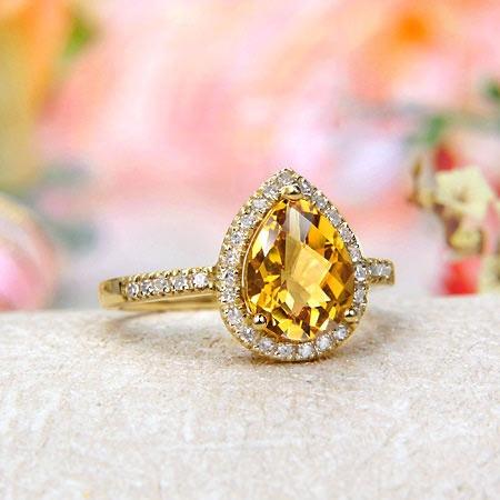زفاف - 14k Yellow Gold Citrine, Diamond Ring