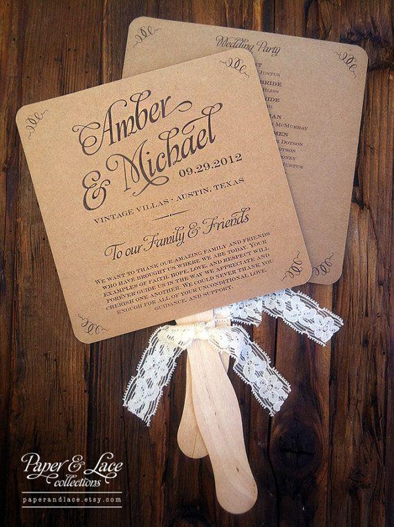 زفاف - Wedding Program Fans - Kraft And Lace - Rustic - Boho - Ceremony Details