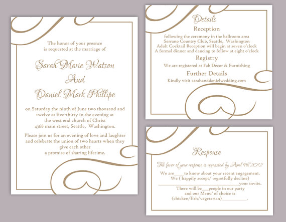 Hochzeit - DIY Wedding Invitation Template Set Editable Word File Instant Download Elegant Printable Invitation Brown Wedding Invitation Gold Wedding