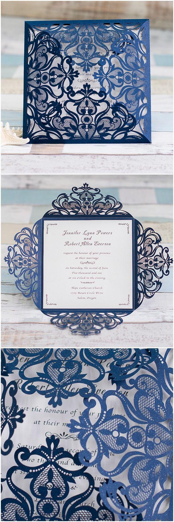 Hochzeit - Graceful Navy Blue Laser Cut Wedding Invitation EWWS030
