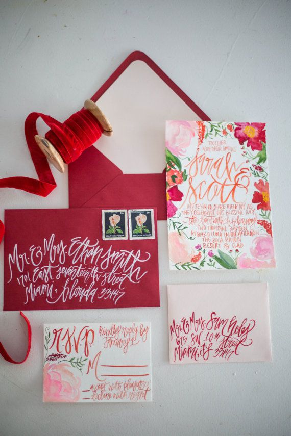 زفاف - Watercolor Blossoms - Painted Wedding Invitations   Calligraphy - Pink   Red - Customizable