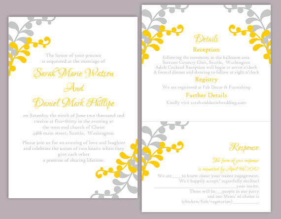 Hochzeit - DIY Wedding Invitation Template Set Editable Word File Instant Download Printable Leaf Invitation Yellow Gold Invitation Gray Invitation