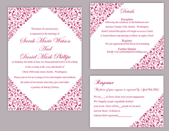 Hochzeit - DIY Wedding Invitation Template Set Editable Word File Instant Download Printable Flower Invitation Fuchsia Invitation Elegant Invitation