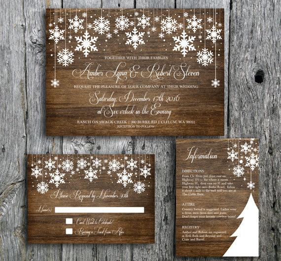 Hochzeit - Winter Wedding Invitation Set with Snowflakes on Wood - Printable Wedding Invitation, RSVP and Guest Information Card