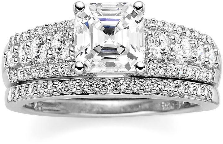 Hochzeit - FINE JEWELRY DiamonArt Asscher-Cut Cubic Zirconia Sterling Silver Bridal Ring Set