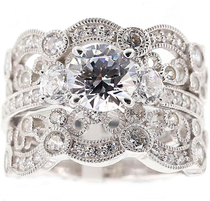زفاف - FINE JEWELRY DiamonArt Cubic Zirconia Sterling Silver Vintage-Style Bridal Ring and Guard Set