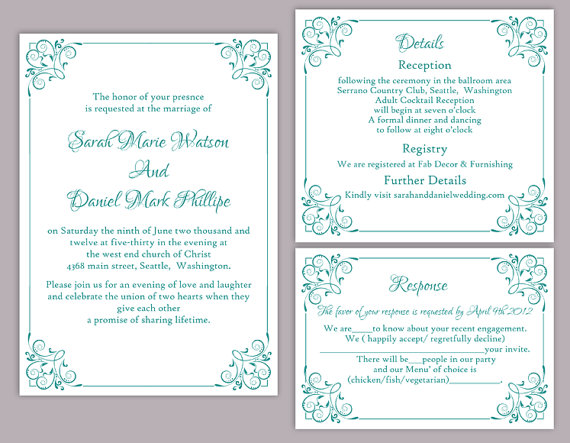 Hochzeit - DIY Wedding Invitation Template Set Editable Word File Instant Download Printable Floral Invitation Blue Invitation Turquoise Invitations