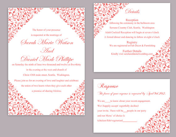 Свадьба - DIY Wedding Invitation Template Set Editable Word File Instant Download Printable Flower Invitation Red Wedding Invitation Floral Invitation