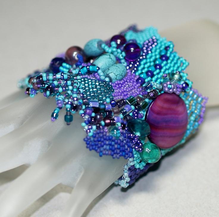 Wedding - Mountain Sky ... Bracelet . Freeform Peyote . Teal . Turquoise . Purple . Violet . Wide Cuff . Abstract . Unique . Fashion Accessory