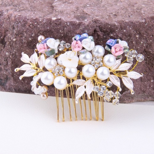 Wedding - Colorful Handmade Pearl Bridal Hair Comb Crystal Gold Wired Headpiece For Brides