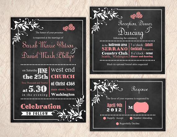 Hochzeit - Printable Chalkboard Wedding Invitation Suite Printable Invitation Pink Invitation Heart Invitation Download Invitation Edited jpeg file