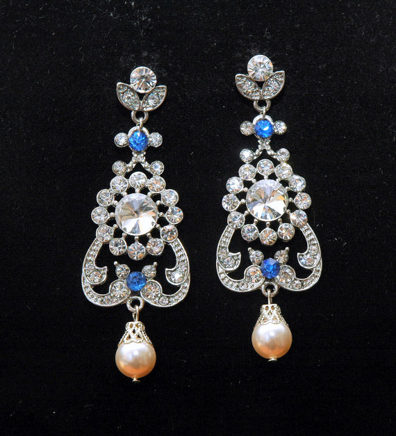 Wedding - Art Deco Blue Bridal Earrings, Pearl Wedding Earrings, Long Blue Earrings, Rhinestone Blue Jewelry