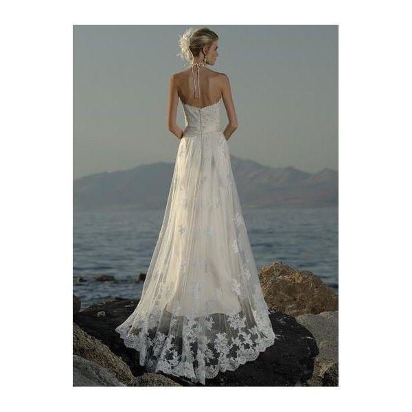 Mariage - A-line Halter V-Neck Sash Satin Lace Wedding Dress