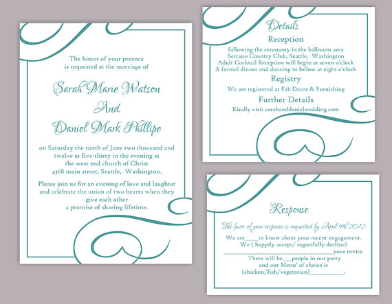 Свадьба - DIY Wedding Invitation Template Set Editable Word File Instant Download Elegant Printable Invitation Blue Wedding Invitation Teal Wedding