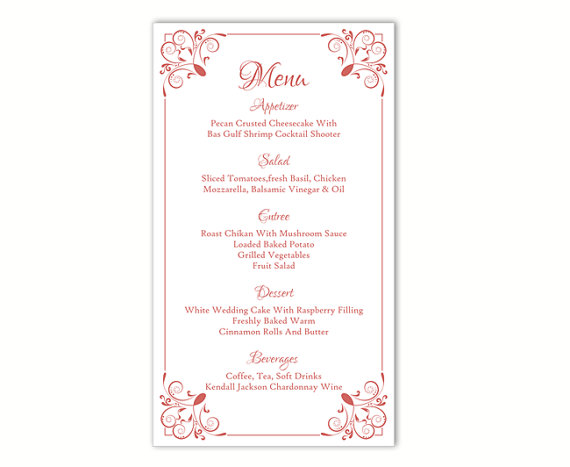 Свадьба - Wedding Menu Template DIY Menu Card Template Editable Text Word File Instant Download Red Menu Elegant Menu Template Printable Menu 4x7inch