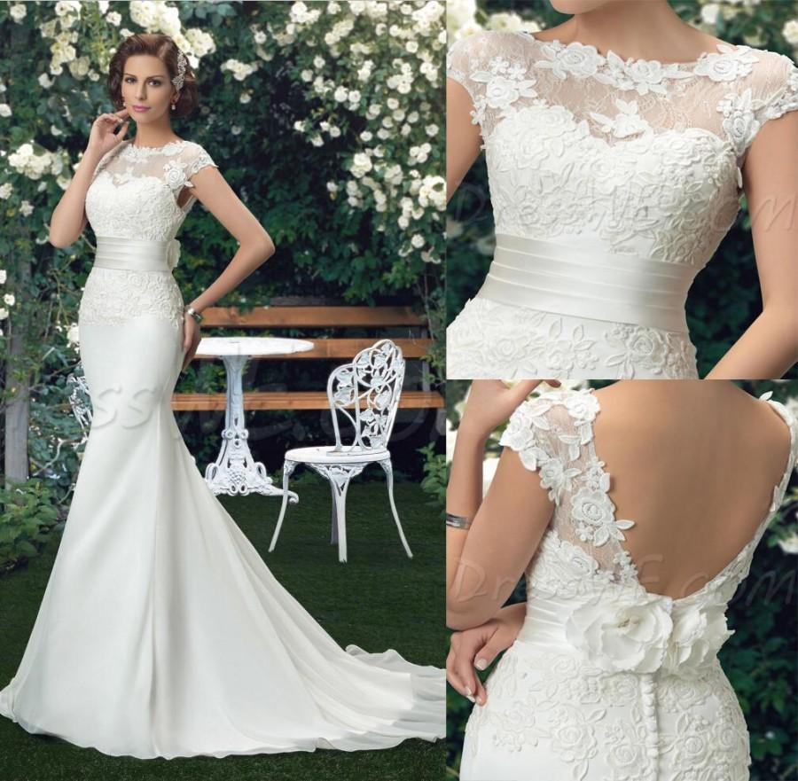 Свадьба - Beautiful New Arrival Chiffon/Lace Mermaid Wedding Dresses 2016 Bateau Backless Bridal Gown Wedding Dress Covered Button Handmade Flowers Online with $117.28/Piece on Hjklp88's Store 