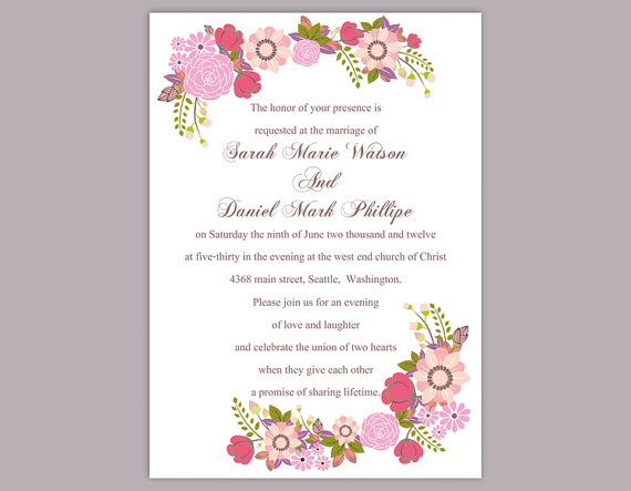 Свадьба - DIY Wedding Invitation Template Editable Word File Instant Download Printable Colorful Invitation Pink Wedding Invitation Floral Invitation