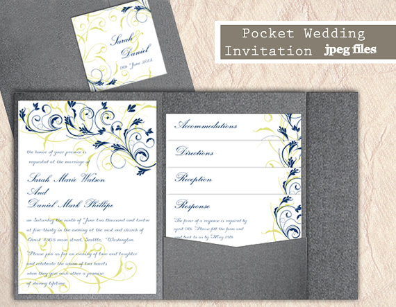 Свадьба - Printable Pocket Wedding Invitation Printable Invitation Floral Wedding Invitation Blue Invitation Download Invitation Edited jpeg file
