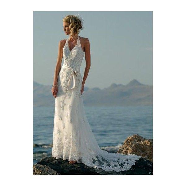 Hochzeit - A-line Halter V-Neck Sash Satin Lace Wedding Dress