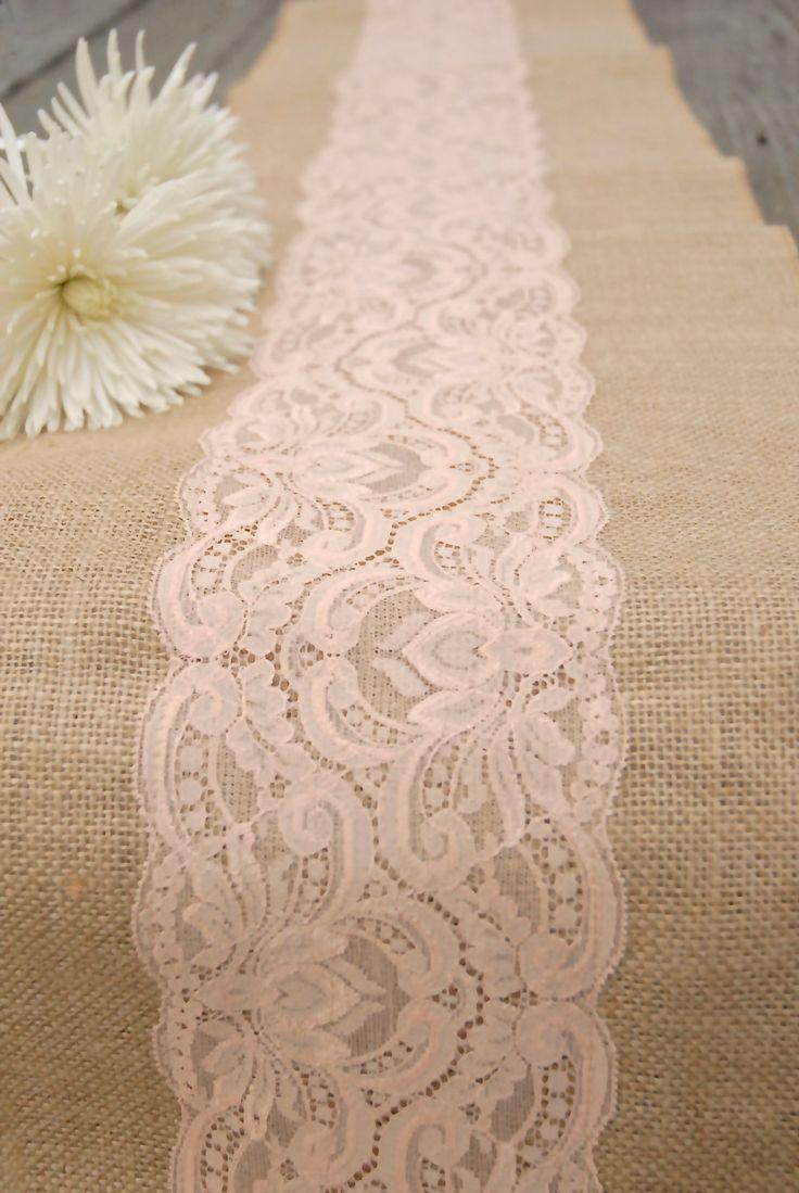زفاف - Burlap And Lace Table Runner, - Peachy Blush Lace , 12"x108". Romantic, Vintage, Or Rustic Wedding
