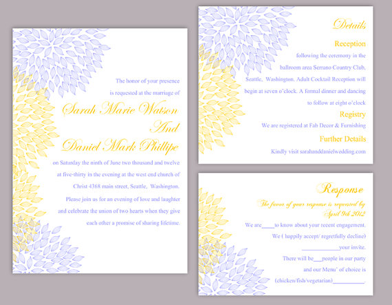 Wedding - DIY Wedding Invitation Template Set Editable Word File Download Printable Floral Invitation Yellow Wedding Invitation Blue Invitations
