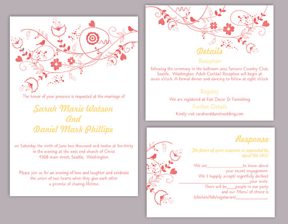 Hochzeit - DIY Wedding Invitation Template Set Editable Word File Instant Download Floral Wedding Invitation Bird Invitation Printable red Invitations