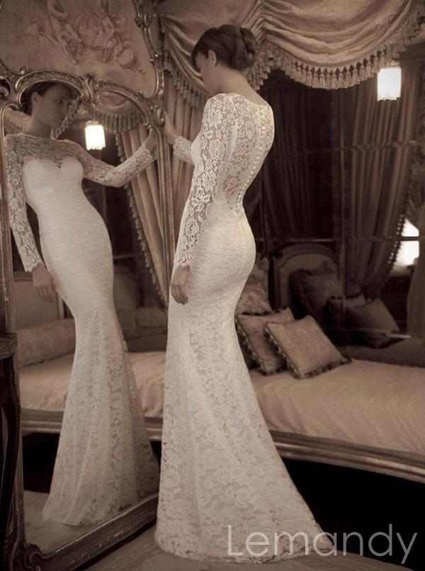 زفاف - Ivory Long Sleeves Mermaid Lace Wedding Dress Floor Length