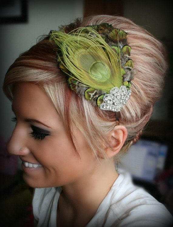 Hochzeit - Green Peacock Rhinestone Feather Headband, Feather Hair Piece, Bridal Headband, Hair Accessory, Rhinestone
