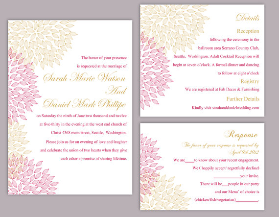 Hochzeit - DIY Wedding Invitation Template Set Editable Word File Instant Download Printable Floral Invitation Pink Wedding Invitation Gold Invitations