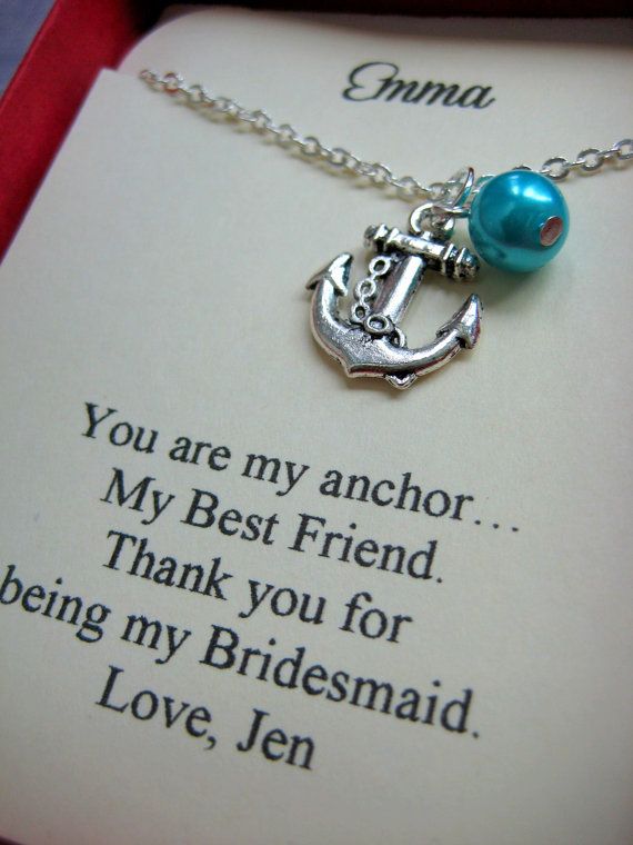 زفاف - Anchor Bridesmaids Gift Necklace, Free Personalized Card Jewelry Box. Other Pearl Color Available