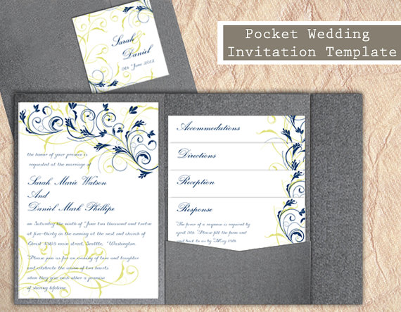 زفاف - Pocket Wedding Invitation Template Set DIY Download EDITABLE Text Word File Navy Blue Wedding Invitations Printable Floral Invitation