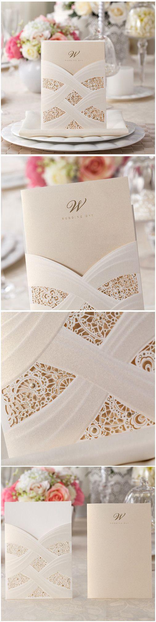 Hochzeit - Elegant Foil Stamped Laser Cut Ivory Pocket Wedding Invitations EWWS025