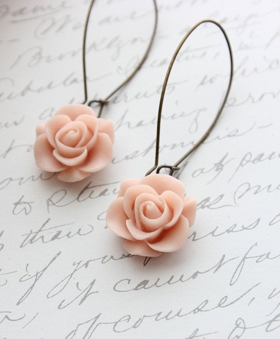 Mariage - Long Rose Earrings, Pale Pink Rose Dangle, Shabby Chic, Vintage Style Jewellery, Bridal, Wedding, Floral Drop Earrings, Resin Rose