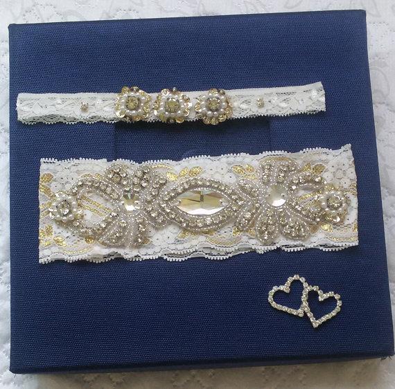 Hochzeit - Wedding Garter Set , Ivory Lace Garter Set, Bridal Leg Garter, Wedding Garters, Bridal Accessory, Rhinestone Crystal Bridal Garter