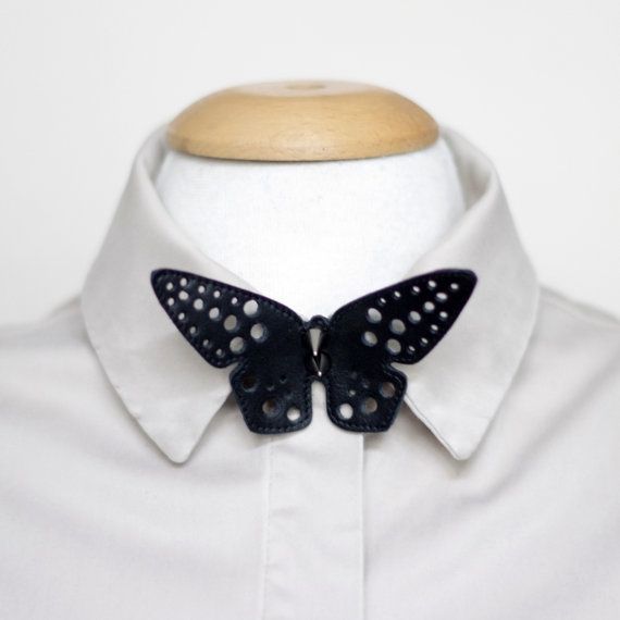 زفاف - Black Handmade Leather Butterfly-tie With Silver Spikes And Adjustable Neck Strap