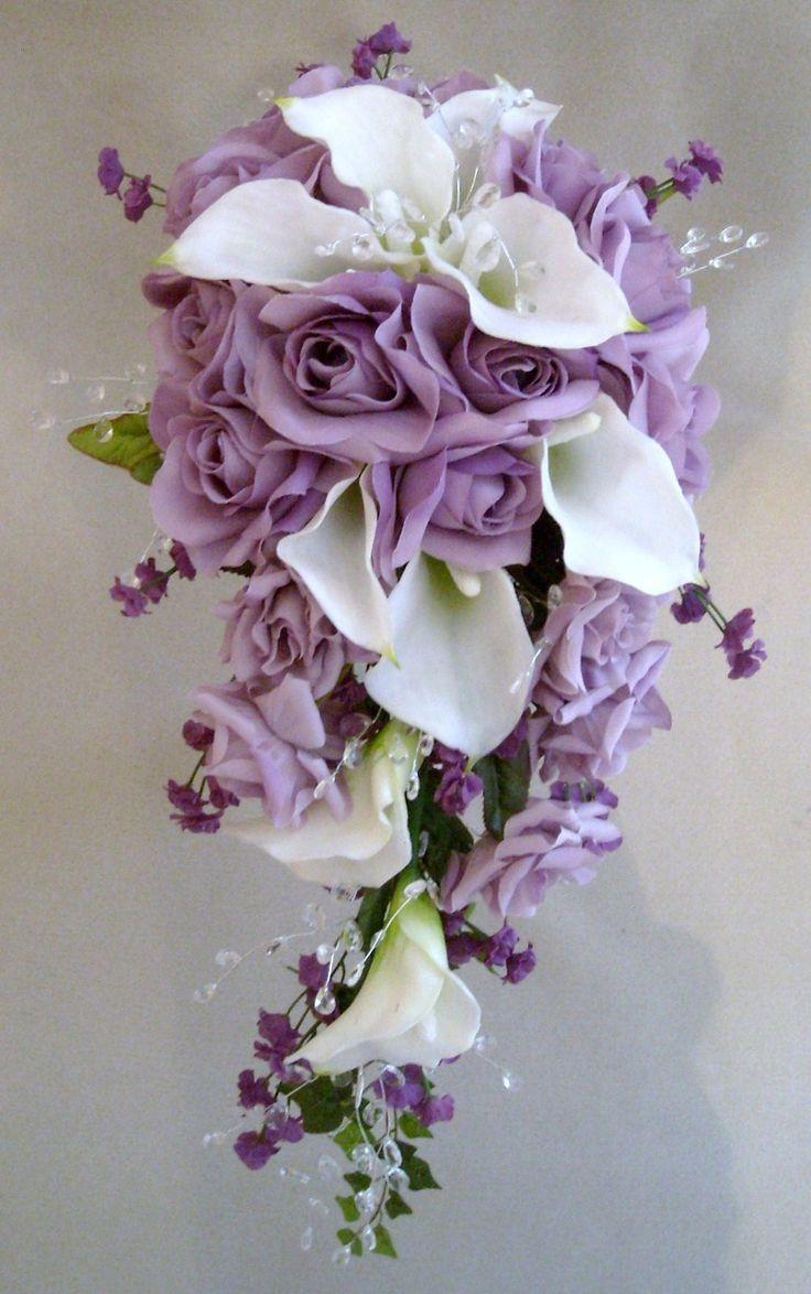 Hochzeit - Calla Lilys And Lavender Roses Wedding Cascading Bouquet ( 9 Pcs Set )