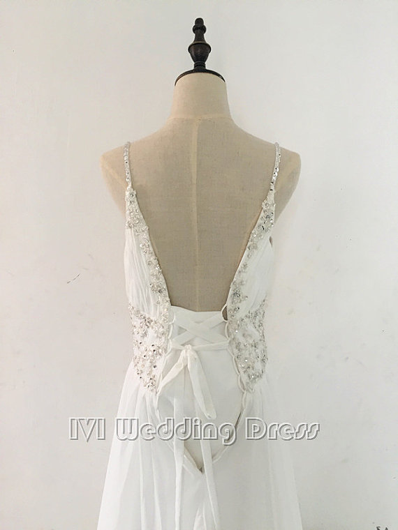 Hochzeit - Real Photos Beaded Spaghetti Straps Pleated Chiffon Beach Wedding Dress with Sequins Evening Dress