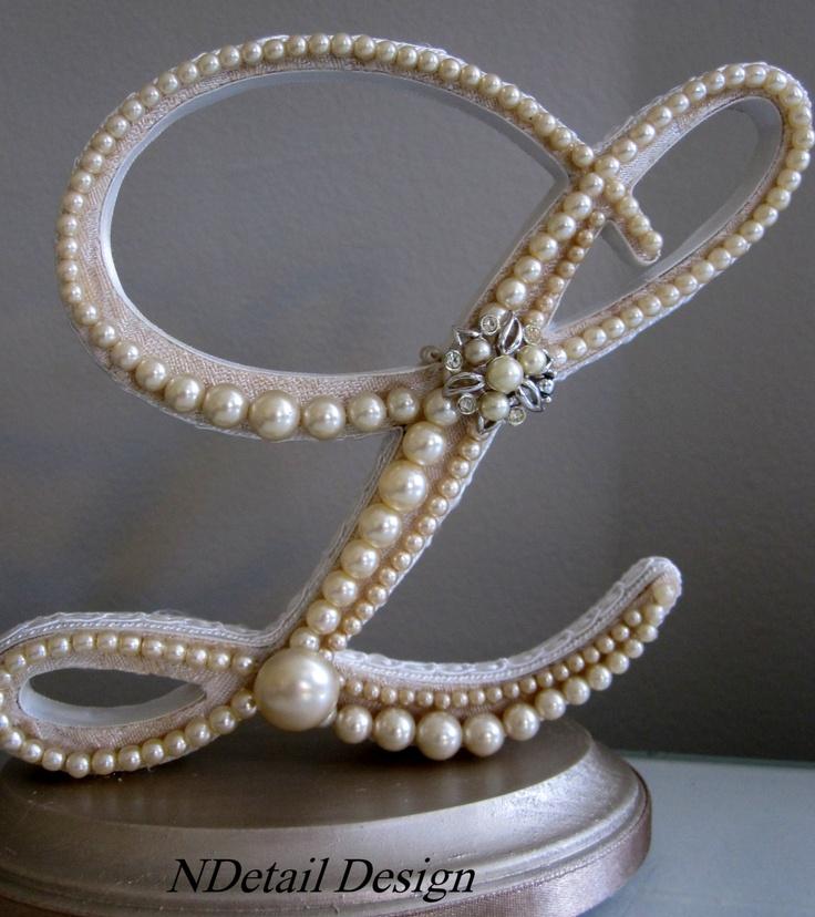 زفاف - Wedding Cake Topper Custom Letter T Vintage Champagne Pearls, Lace & Gold Ivory Pearl Brooch For Rustic Or Country Chic Bridal Shower Gift